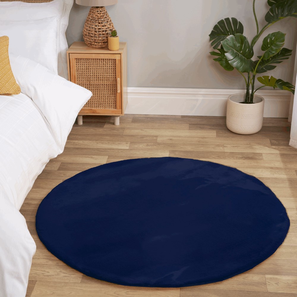 Luxe Faux Fur Modern Plain Circle Rug in Navy Blue